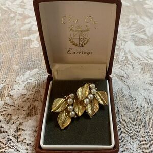 Elegant Gold Leaf Clip-On Earrings with Pearls